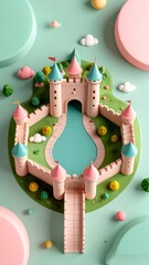 Naklejka premium Miniature pastel castle play area featuring a fanciful landscape design