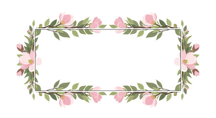 Fototapeta premium Elegant rectangle frame adorned with delicate pink magnolia blooms and verdant leaves