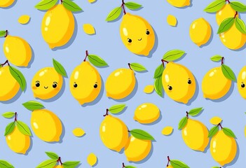 Seamless horizontal banner of cute cartoon lemons in a repeating pattern, lemon,  illustration