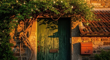 A rustic green door on a stone cottage in warm evening light