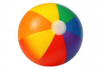 Vibrant beach ball, dripping wet surface, gleaming under studio lighting, floating against transparent background