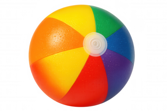 Vibrant beach ball, dripping wet surface, gleaming under studio lighting, floating against transparent background