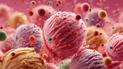 Colorful Candy Bits Falling on Strawberry Ice Cream Scoops, Frozen Motion with Bold Shadows and Contrast, White Background for Dessert Ads, Social Media Content or Snack Packaging