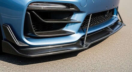 Close-up of Blue Car's Front Bumper with Carbon Fiber Details and Aerodynamic Elements
