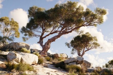 Fototapeta premium Sunny, rocky landscape with a gnarled tree