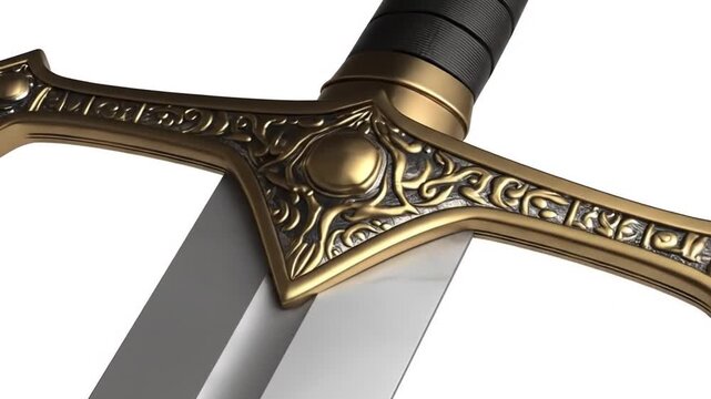Close Up of a Silver Sword Blade with Golden Decorative Hilt on a White Background Isolated
