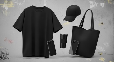 A versatile collection of blank black merchandise mockups including a t-shirt, cap, and tote bag for corporate branding and design showcases.
