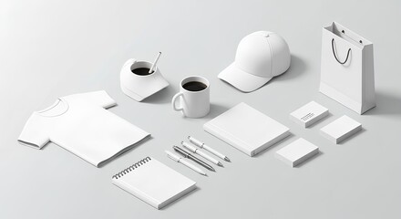 Blank corporate identity mockup set with white promotional items for branding presentation. Isometric view of t-shirt, cap, and stationery.