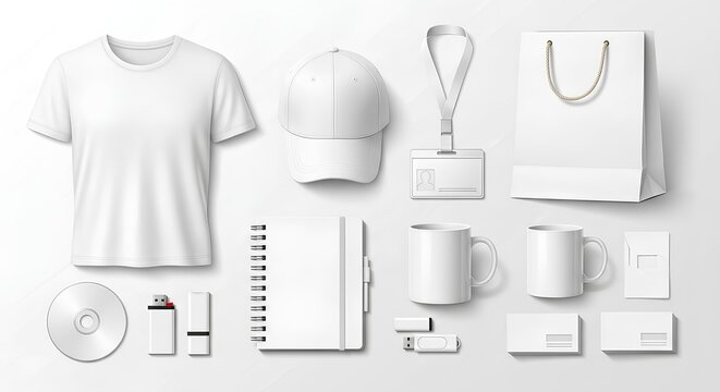 Blank corporate identity mockup template featuring various promotional merchandise. A complete branding package for visual design presentation.