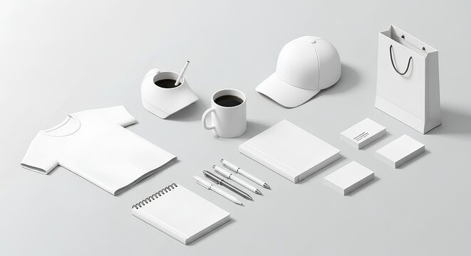 Blank corporate identity mockup set with white promotional items for branding presentation. Isometric view of t-shirt, cap, and stationery.