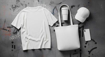 Collection of white blank merchandise items including t-shirt, tote bag, reusable coffee cup, and cap on a concrete background, ideal for branding mockups and custom design projects.