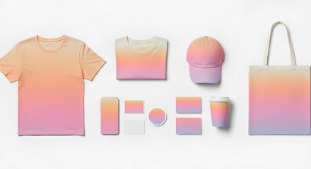Branding mockup collection featuring a vibrant gradient design on a t-shirt, cap, tote bag, and other promotional items for corporate identity.