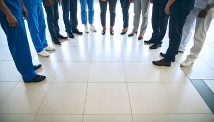 Low angle view of a diverse group of professionals standing together in a circle, symbolizing teamwork and unity.