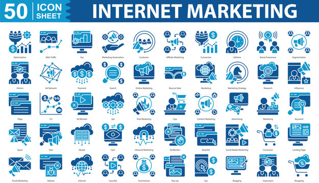 Internet Marketing Icon Set Collection Concept With Icon Of optimization, web traffic, erp, marketing automation, customer, affiliate marketing, conversion, lifetime