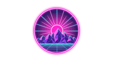 Synthwave Mountainscape Inside a Circular Frame with Gridded Floor
