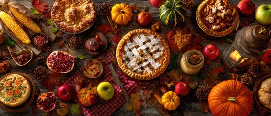 Fototapeta premium Autumnal feast of pies, fruits, and gourds on a rustic table