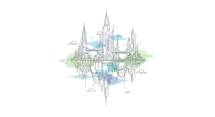 Linear futuristic city on floating island with watercolor elements design