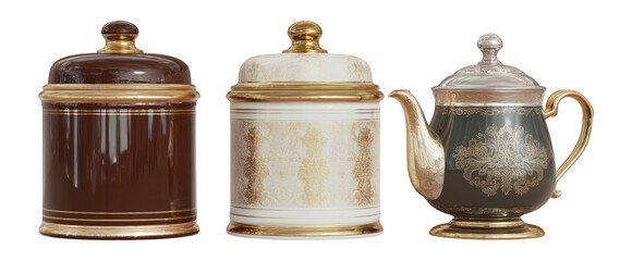 Elegant Tea Set with Decorative Canisters and Teapot on White Background