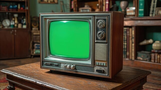Vintage TV on wooden table in antique room