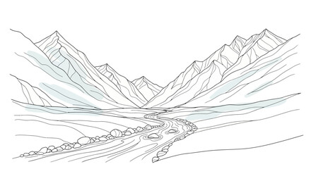 Fototapeta premium Majestic Mountain Range Landscape with River Sketch Art Illustration