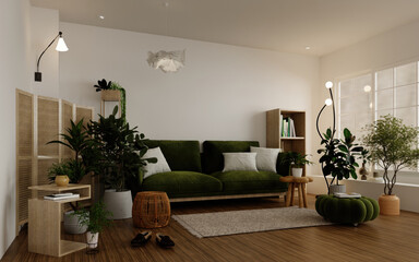 Sustainability in tranquil living room design with soft colors. 3D render illustration