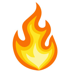 Bright flame icon with orange outline and yellow core, symbolizing heat, fire, and burning energy in vector illustration.