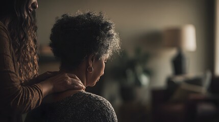 A woman gently massages the back of another woman's neck.