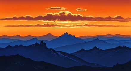 Fototapeta premium At sunset, a watercolor landscape depicts orange and blue mountains.