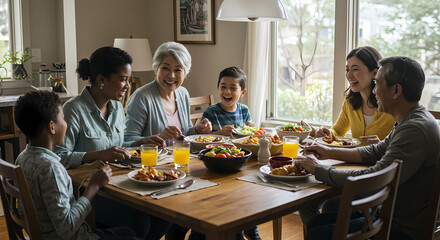 A joyful multi-generational family shares a delightful meal together at home, fostering strong bonds and creating cherished memories around the dining table.