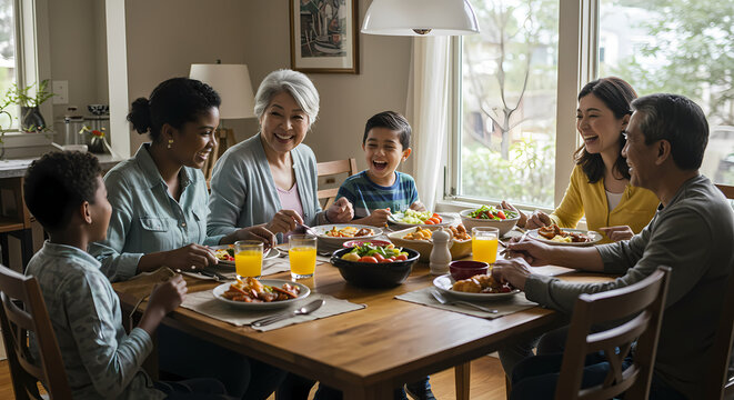A joyful multi-generational family shares a delightful meal together at home, fostering strong bonds and creating cherished memories around the dining table.