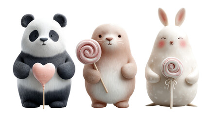 Cute Cartoon Animals Holding Lollipops on Transparent Background