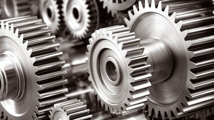Close-up of many metallic gears interlocked