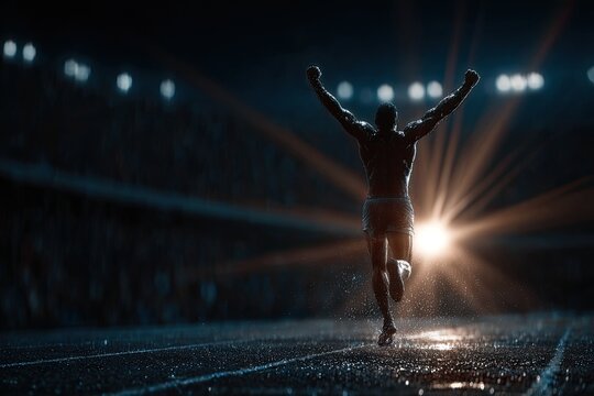 Muscular Athlete Celebrates Victory with Arms Raised on Rainy Track Under Stadium Lights