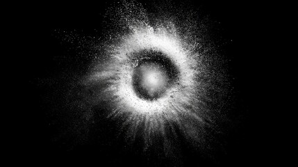 Abstract circular explosion of white powder on black background