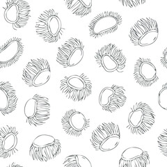 A detailed black and white illustration of a repeating pattern of stylized flower-like shapes.