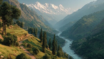 Obraz premium Majestic Mountain Valley with Winding River and Snow-Capped Peaks