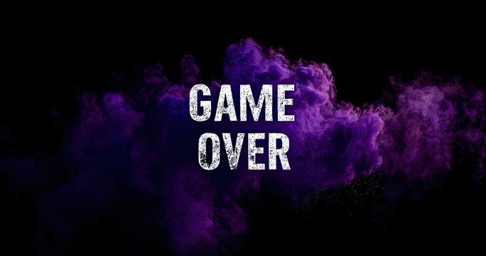 Dramatic "Game Over" text in white, amidst purple smoke