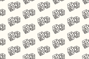 Pair of dices line art seamless pattern on white background for merchandise. Two dice betting engraving doodle pattern background. Dice casino game hatching motif wallpaper. Vector Illustration