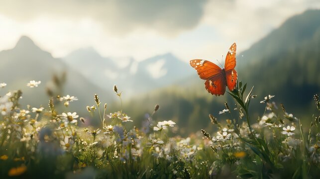 Orange butterfly perched on a plant in a field of daisies with mountains in the background on a sunny day