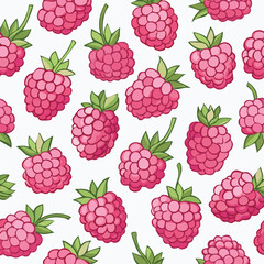 A detailed illustration of a vibrant pattern featuring numerous pink raspberries with green leaves on a white background.