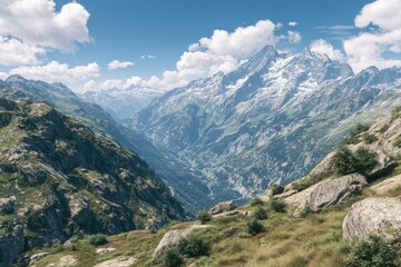 Alpine valley vista, snow-capped peaks, rugged terrain, lush greenery