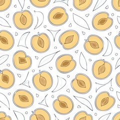 Illustration of a seamless pattern featuring halved plums, leaves, and seeds on a white background.