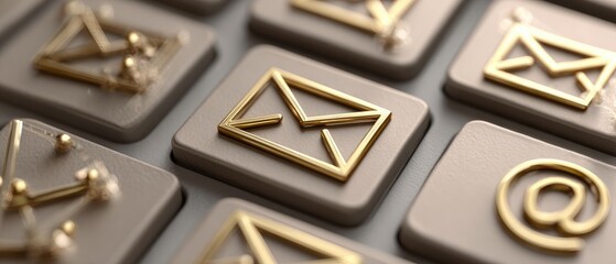 Golden email & contact icons on light gray 3D buttons