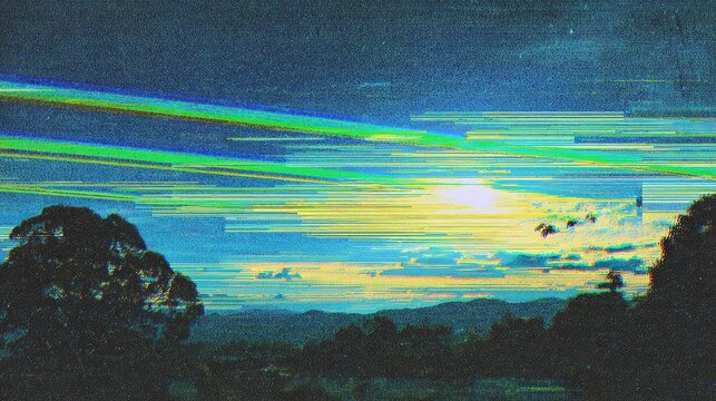 Distorted sunset over hills, glitch art