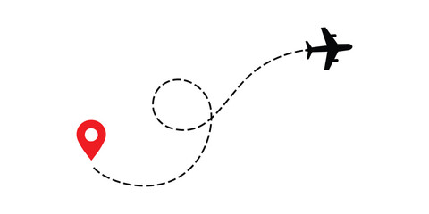Airplane with dotted line route. flying plane with twisted, curved and straight dashed trace path vector. airplane flying with heart shaped trail. plane symbol with dotted line route. design eps 10