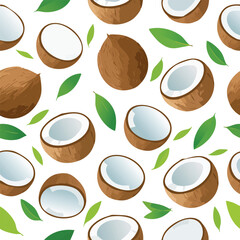 Seamless pattern featuring whole and halved coconuts with green leaves on white background.