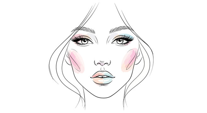 Watercolor cosmetic face chart, elegant outline with modern beauty concept