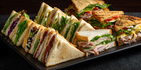 Assorted sandwich triangles on a dark platter for parties or events, sandwiches, platter, assorted, triangles