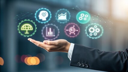 Man's hand presents digital icons for business growth, strategy, and innovation against a blurred city backdrop