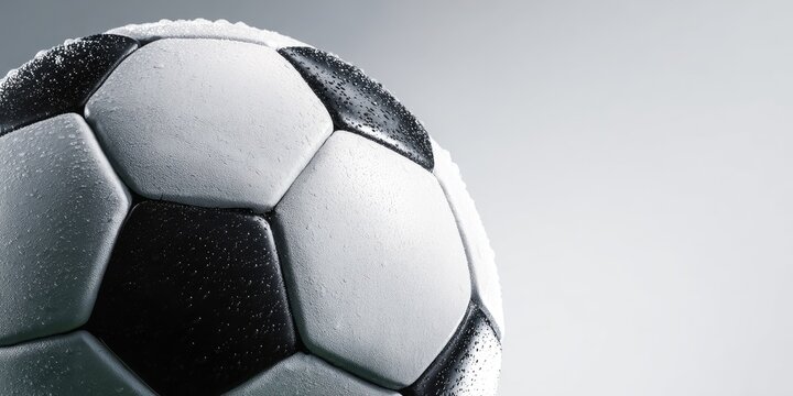 Close-up of a soccer ball, covered in frost or water droplets
